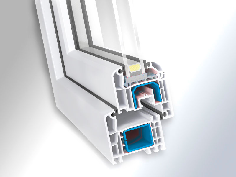 UPVC window sectional showing steel reinforcement