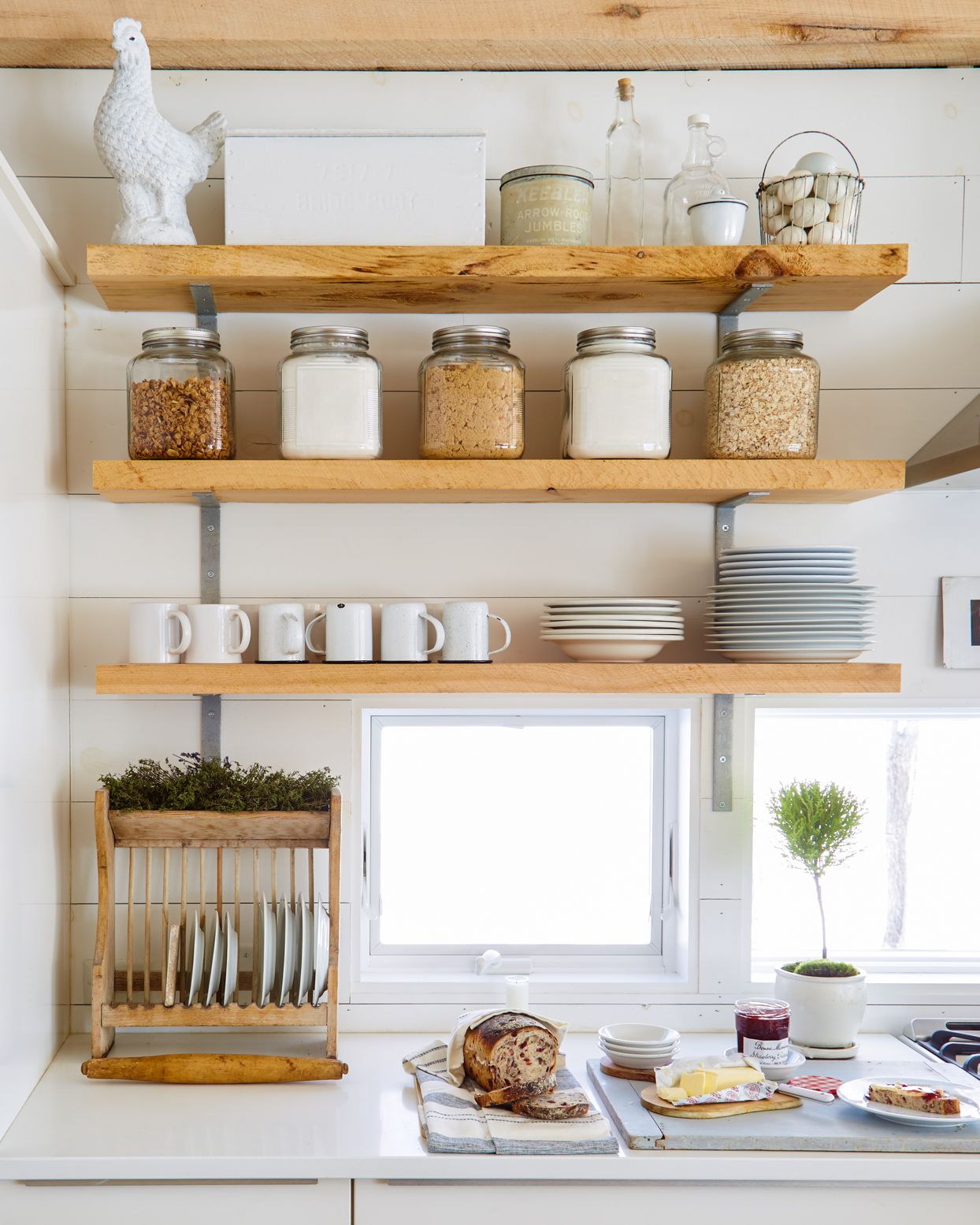 open oak shelves in a kitchen