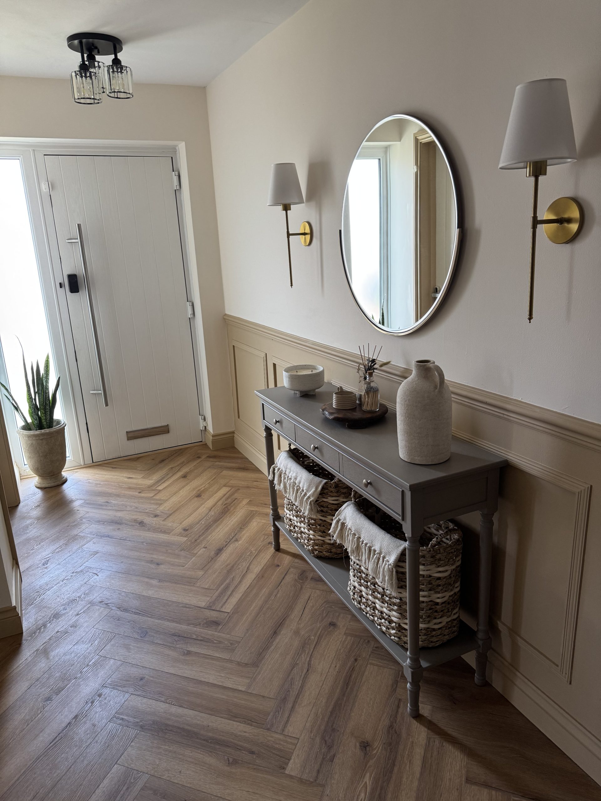 oak LVT flooring in hallway with wall panelling